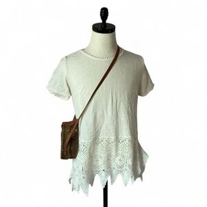 White Lace Trim Tunic Top Short Sleeve Casual Bohemian Style Blouse‎